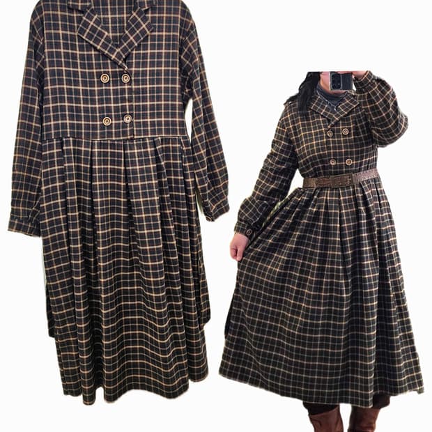 Japan 카키 체크 핀턱 OPS