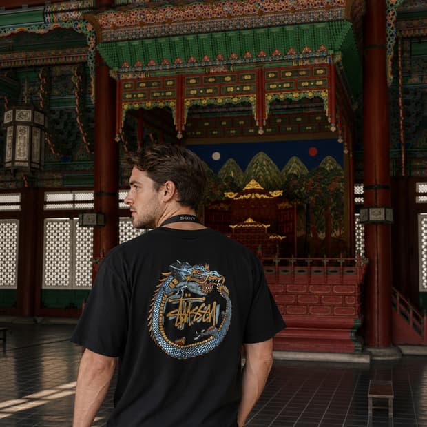 STUSSY 드래곤 서클 로고 반팔 티셔츠 (블랙)