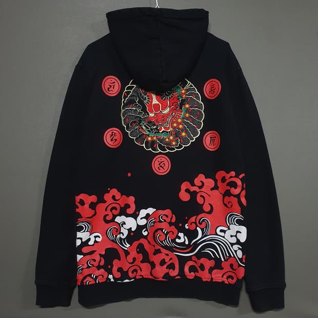 L) 일본 빈티지 엠브로이드 이레즈미 오니 자수 후드티 스웻셔츠 후디