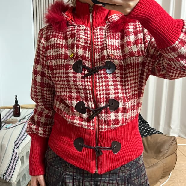 빈티지 떡볶이단추 체크 모직 블루종 자켓