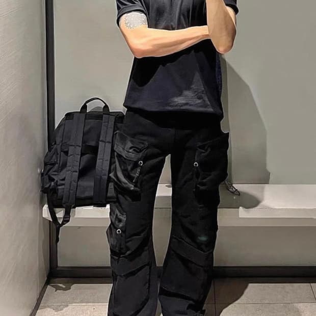 포켓 워싱 와이드 카고팬츠 블랙 XL