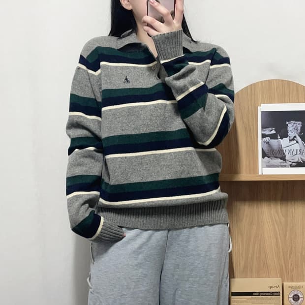 [정품] 빈폴 그레이 단가라 울 카라니트 [ 95 ]