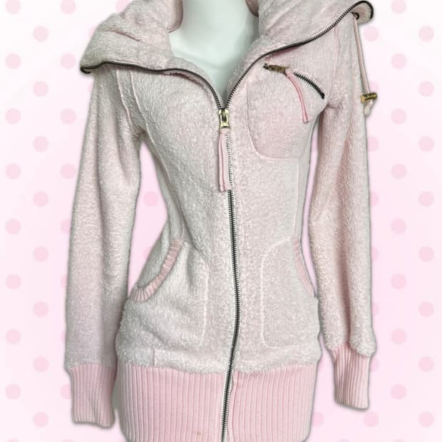 연핑크 하이넥 빅카라 퍼 집업 히메갸루 핀터레스트 Y2K 펑크