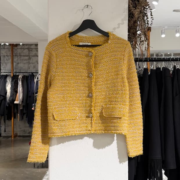 마인 옐로우 트위드 스냅버튼 자켓 