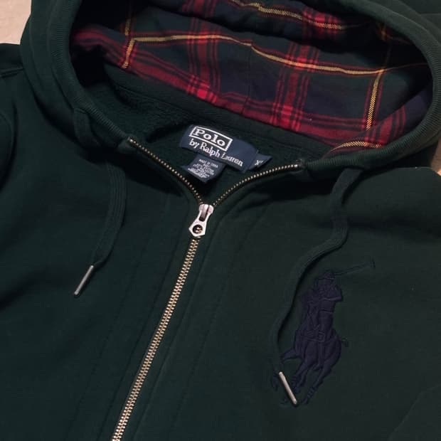 폴로 랄프로렌 빈티지 빅포니 그린 체크 후드집업