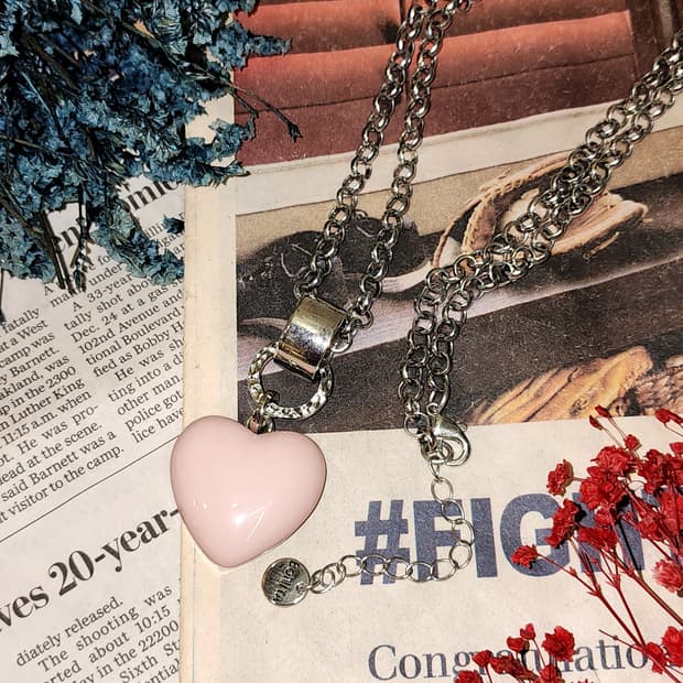 90s 프랑스 빈티지 목걸이 핑크 애나멜 하트 실버 체인 네클리스