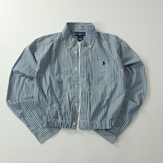 CK158 FREE 폴로 90s 블루 스트라이프 크롭 셔츠