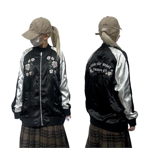 일본 빈티지 블랙 화이트 꽃 자수 스카잔 올드스쿨 자켓 