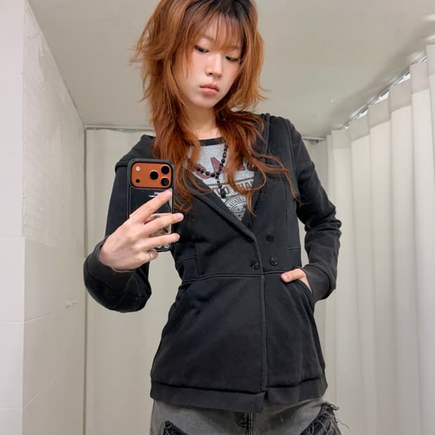 디젤 블랙 코튼 크롭 후드 자켓