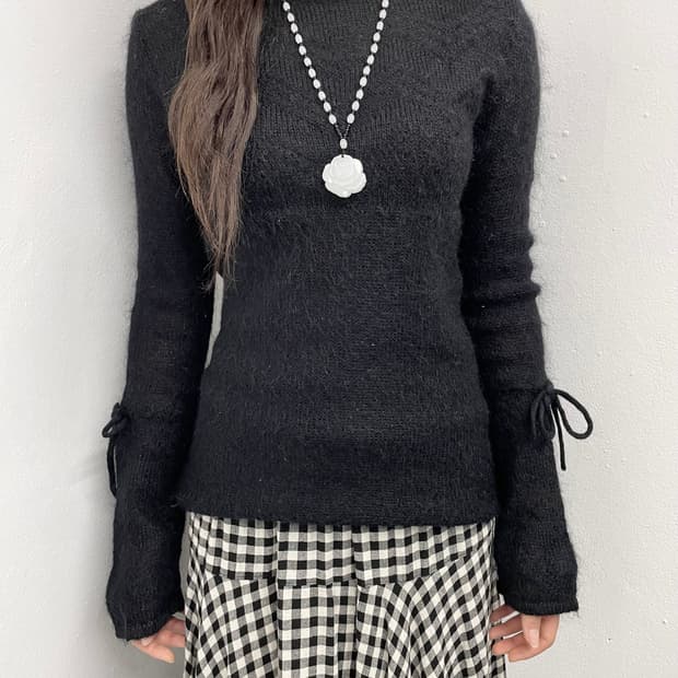 모헤어 블랙 리본 니트탑