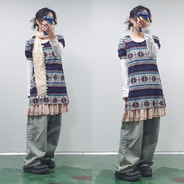 노르딕 반소매 후드 프릴 레이어드 원피스