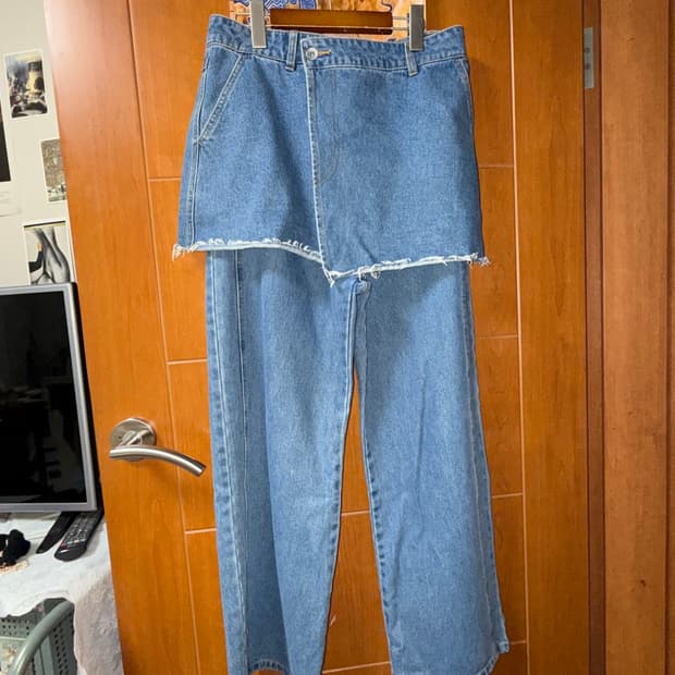 Ray beams layered skirt denim pants