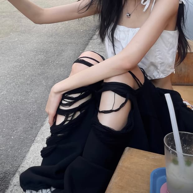 트리밍버드 블랙 데미지 와이드 팬츠