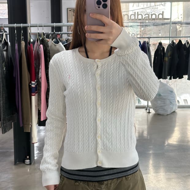 폴로랄프로렌 케이블 버튼 가디건 화이트핑크
