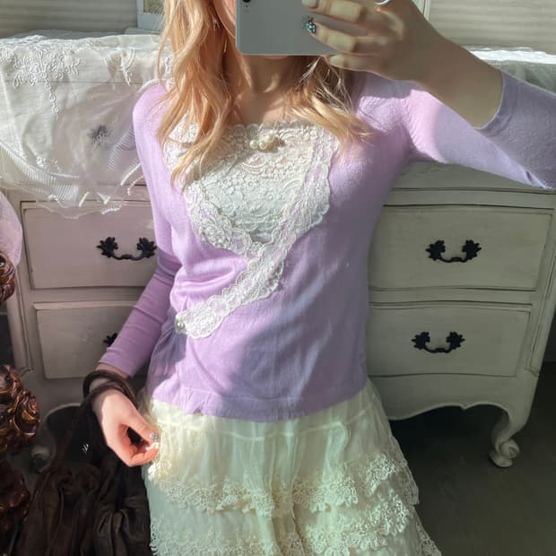 빈티지 레이스 라밴더 랩가디건 + 아이보리 나시