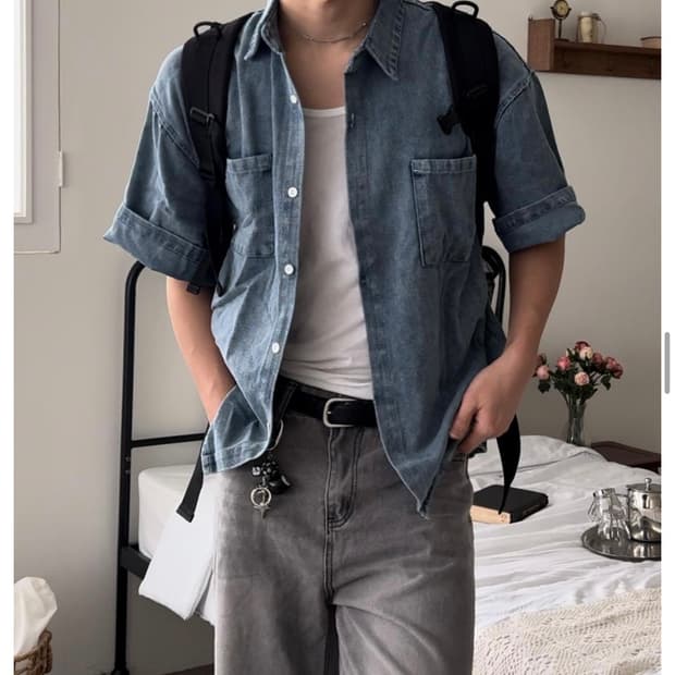 보세 중청 데님 오버핏 반팔 셔츠 100