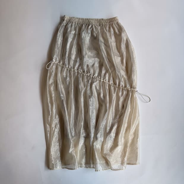 Beige Sheer Shirring Drawstring Skirt 