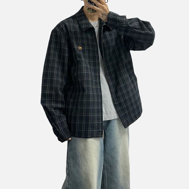 울시 빈티지 써머 울 체크 블루종 자켓 올드스쿨