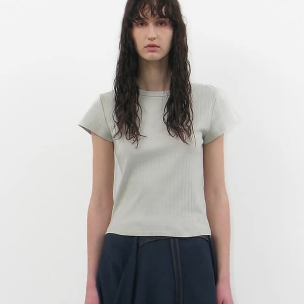 파르티멘토 우먼 레이스 펀칭 90s 숏 슬리브 티 민트 그레이