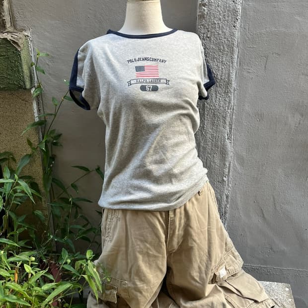 *레어* JPN 00s 폴로 그레이 성조기 프린팅 반팔티