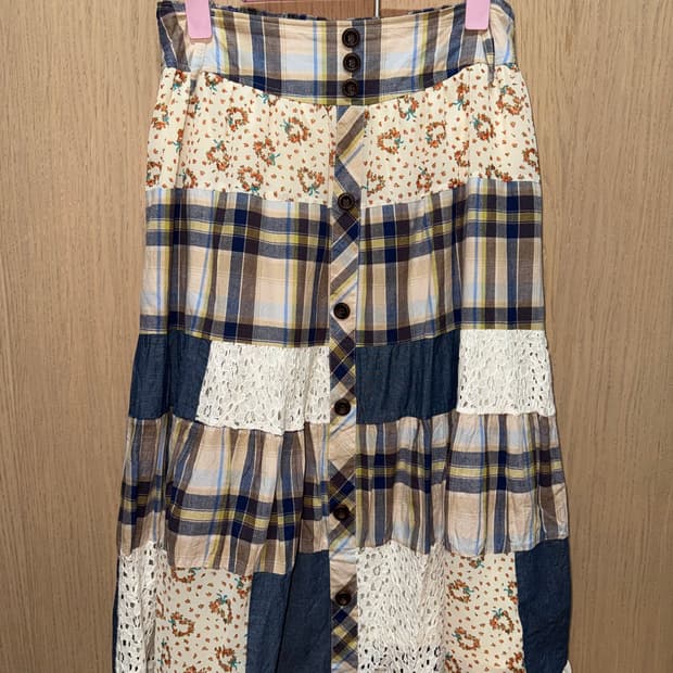 모리 패치워크 플라워 체크 롱 스커트 데님