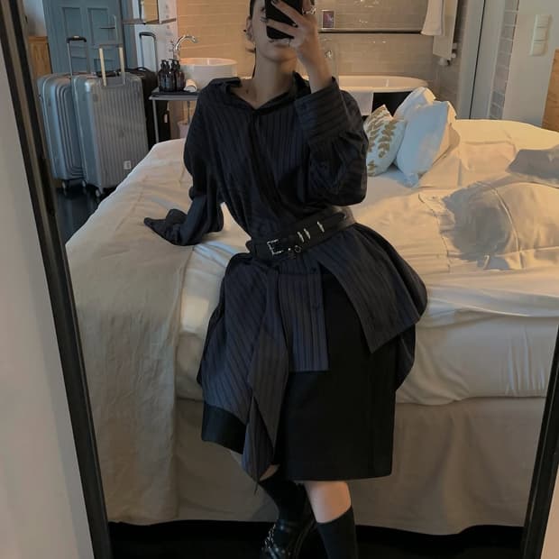 Panelled Stripe Long Shirt [ Navy ]