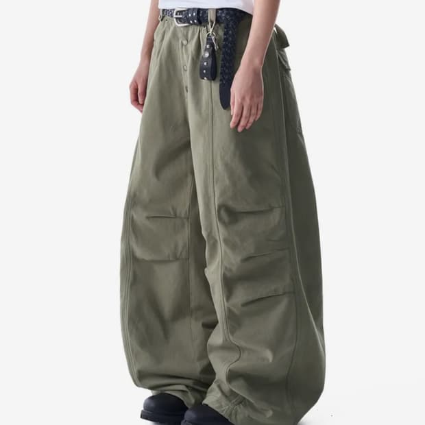 Knee Pin-tuck Studded CottonPants(Khaki)
