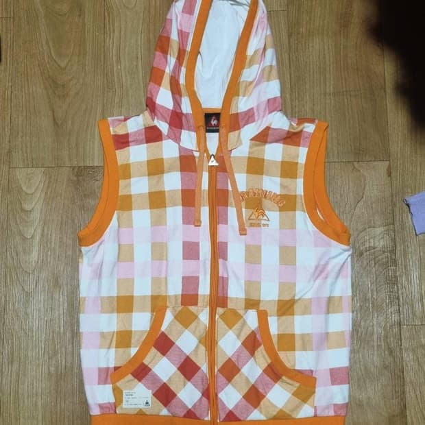 빈티지 르꼬끄 오렌지 체크 패턴 조끼 후드 집업 자켓 모리걸 레트로
