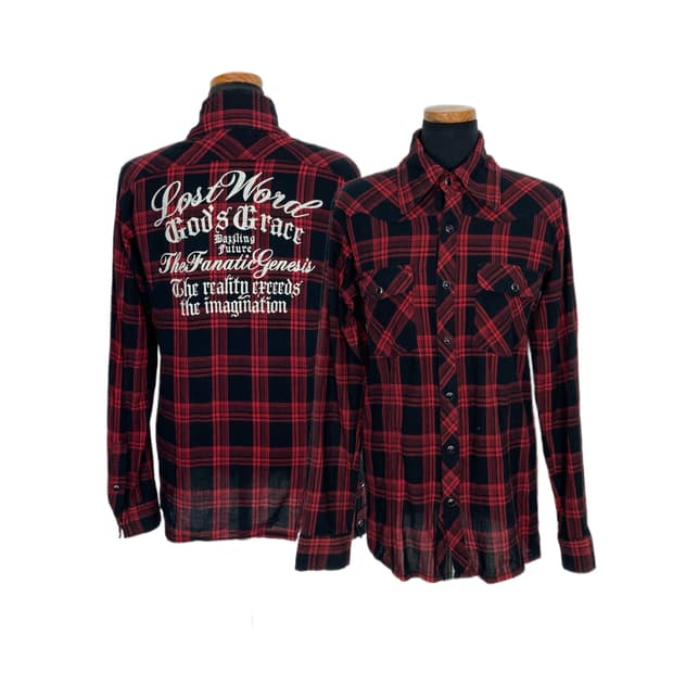 red check punk lettering shirt