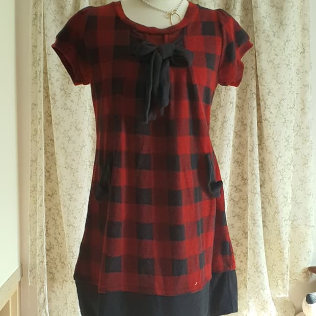 [모리걸] 레드 체크 리본 반팔 원피스