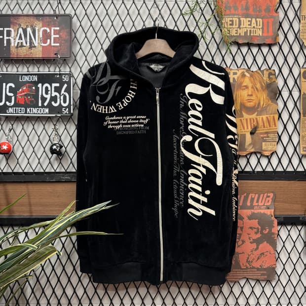 00s 보미에르 벨로아 레터링 Y2K 후드 집업 블랙 화이트