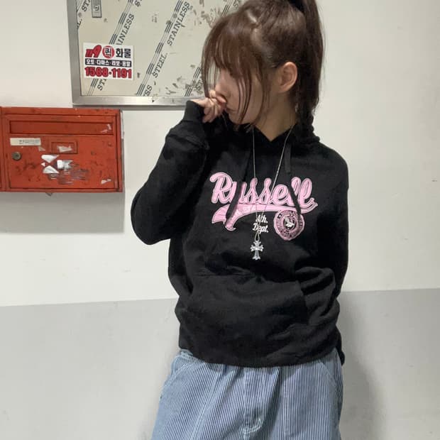 90s RUSSEL 올드스쿨 블랙&핑크 후디