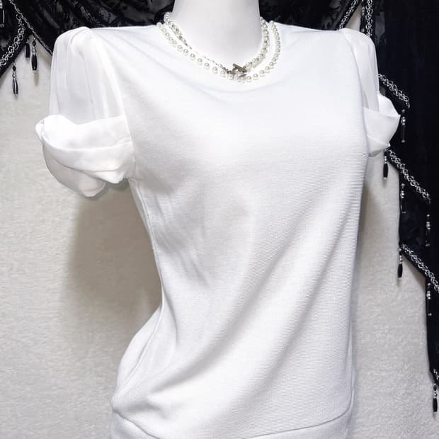 로맨틱갸루 히메 페미닌 진주 화이트 퍼프리본 반팔 로걀탑 핀터 러블리