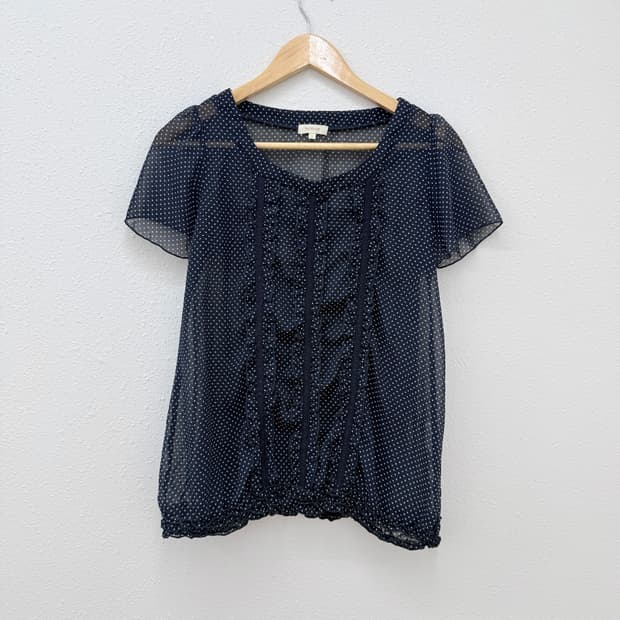 빈티지 Hushush 네이비 도트 시스루 프릴 블라우스