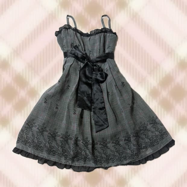 블랙 차콜 그레이 체크 리본 원피스 오네 갸루 오리엔탈 고스 빈티지