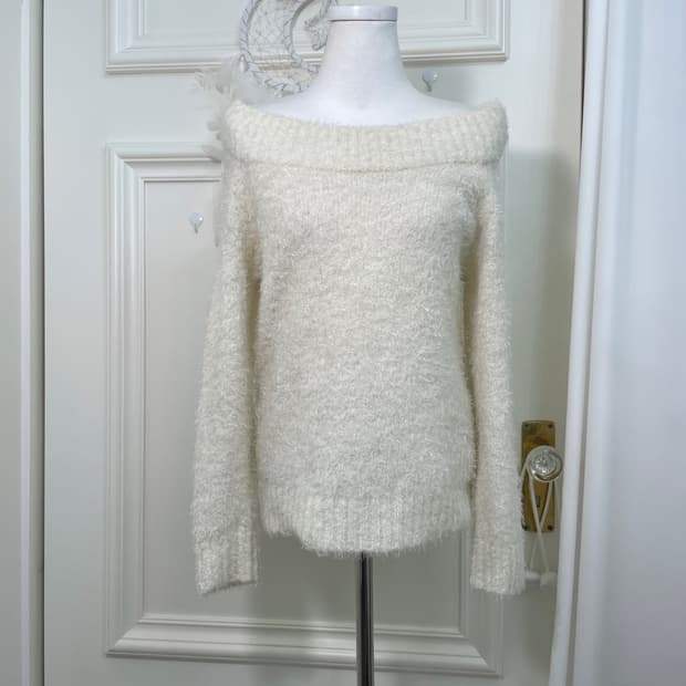 cream ivory shaggy off-shoulder knit top