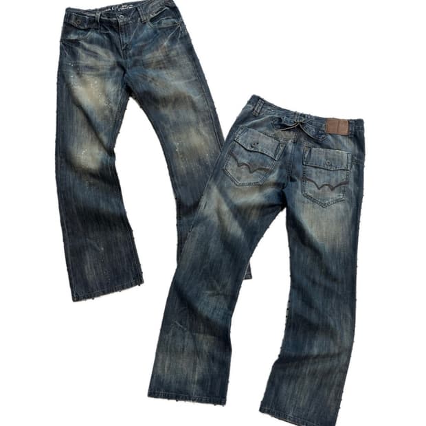 후아유 00‘s 신치백 부츠컷 데님팬츠 페인팅워싱 더티워싱 y2k 펑크