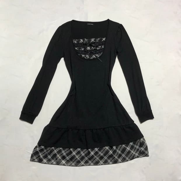 체크 리본 로걀 니트 원피스