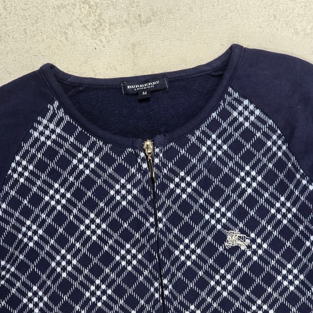 버버리 체크 패턴 집업 가디건 네이비 M