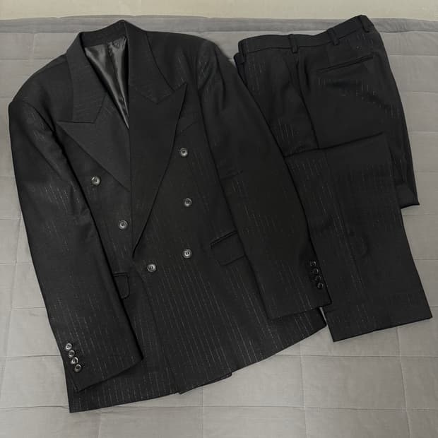 LEMETEQUE 르메테크 블랙 울 스트라이프 더블 슈트 셋업105사이즈