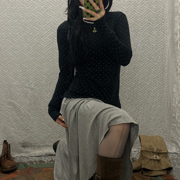 빈티지 러블리 땡땡이 도트 목폴라 슬림핏 롱슬리브 K0088