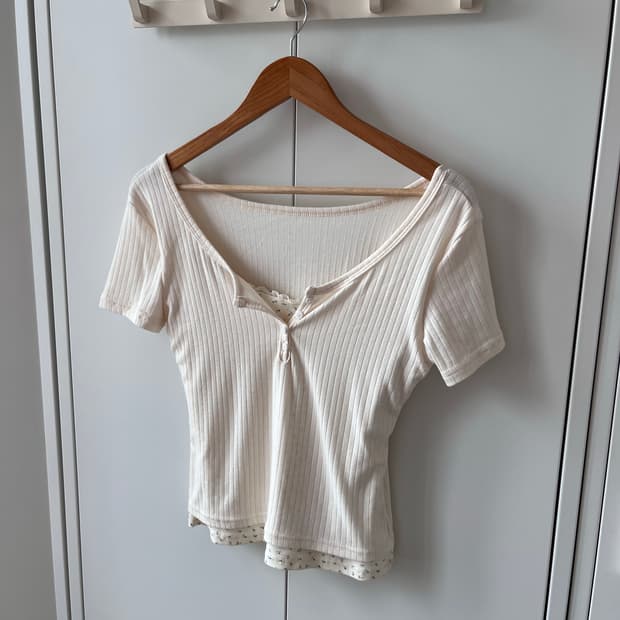 Vintage 잔꽃 레이어드 골지 반팔티