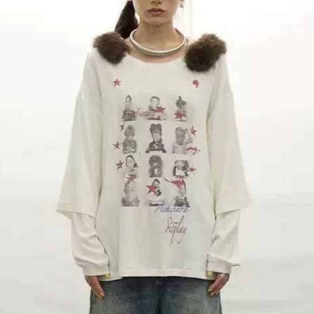 아키하라  퍼 후드 레이어드 롱슬리브 