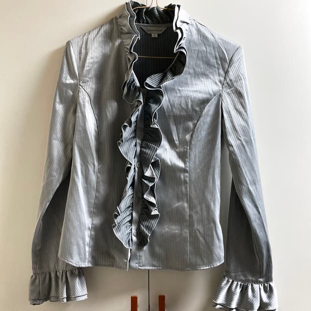 JPN 새틴 블루 프릴셔츠 빈티지 y2k 시크 