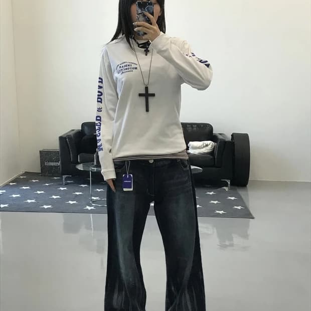 인디언 모터사이클 후면 프린팅 화이트 롱슬리브 