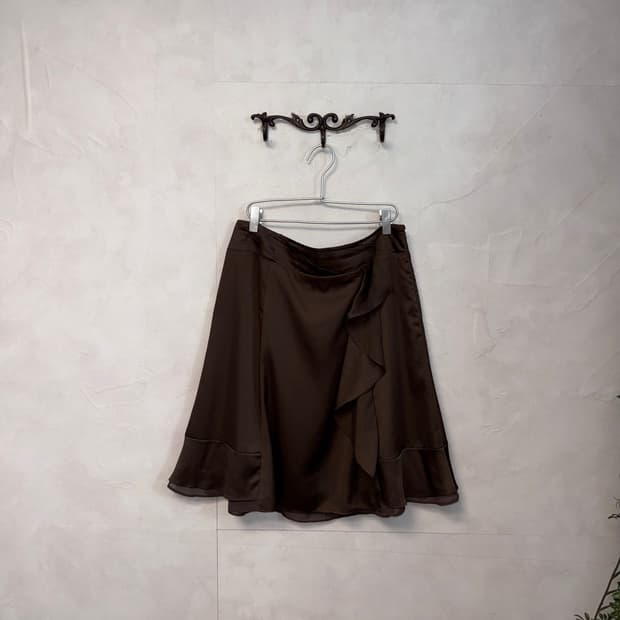 Dark brown satin frill midi skirt