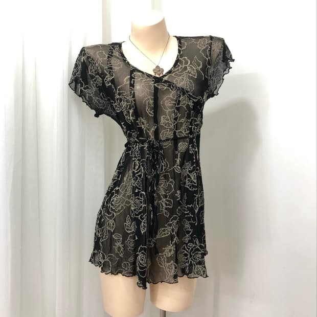 oriental rose pattern black mesh dress  