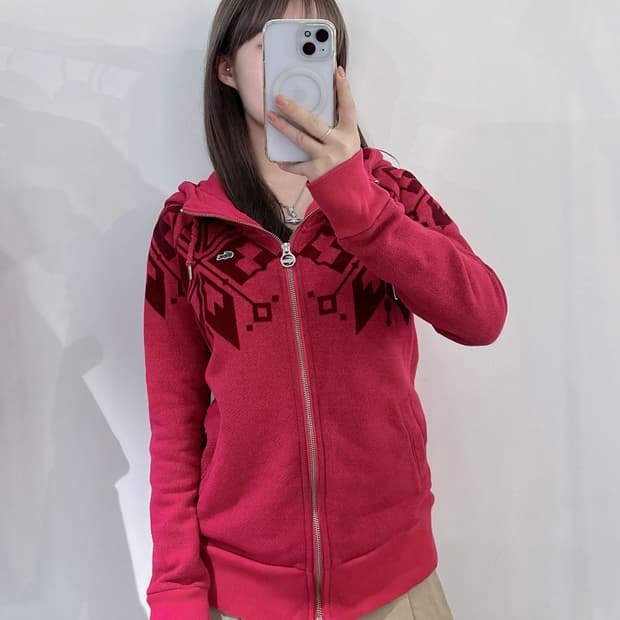 라코스테 핑크 패턴 투웨이 후드집업