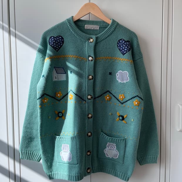 Mi place 자수 패치 울니트 가디건 민트