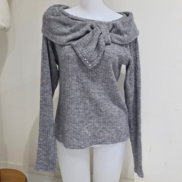 일본빈티지)그레이 빅리본 모리걸갸루 진주 골지니트 로맨틱오프숄더긴팔슬리브